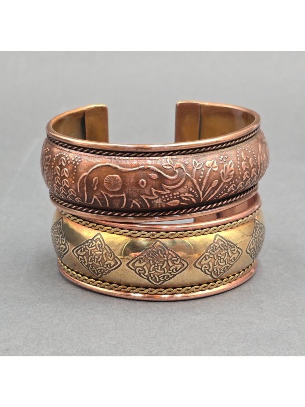 Vintage Tibetan Cuff Bracelet Lot Of 2 Copper Brass Elephant Celtic Mixed Metal - Picture 2 of 10